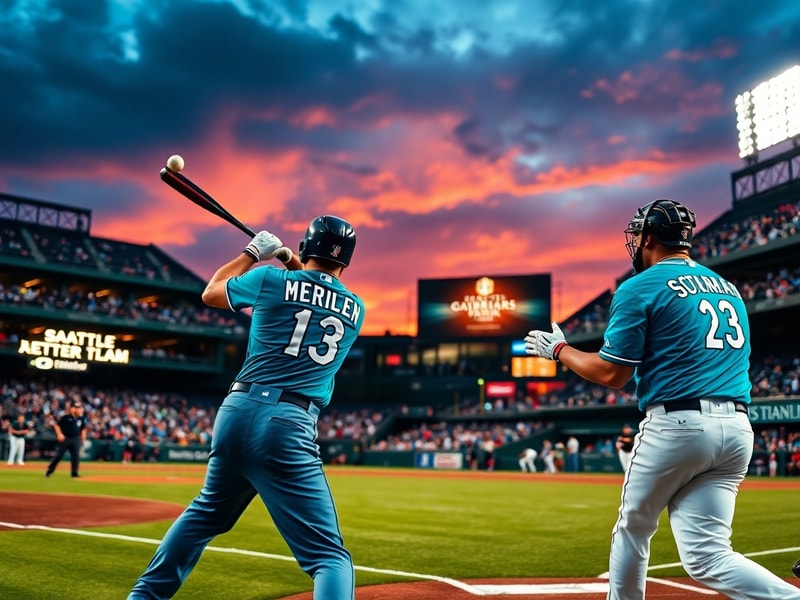 A split-image photo: on the left, Julio Rodríguez of the Mariners mid-swing with the Seattle skyline in the background; on th