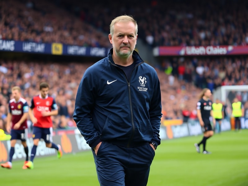 Steve Clarke in a dark suit standing on the sidelines, holding a headset, with Scotland players in action on the pitch behind