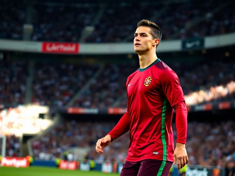 A dynamic action shot of Cristiano Ronaldo in Portugal’s red and green jersey, mid-game during the 2022 World Cup in Qatar, w
