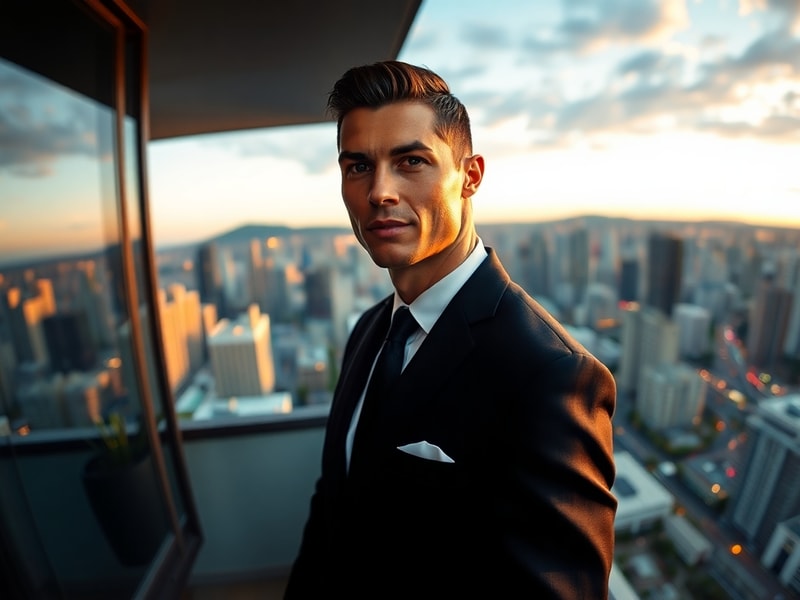 A dynamic action shot of Cristiano Ronaldo mid-celebration on the pitch, wearing Al-Nassr kit, with a futuristic digital over