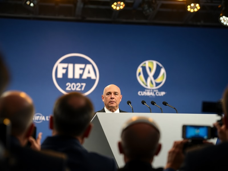 A split-image composition: on one side, Gianni Infantino speaking at a FIFA Congress with a backdrop of FIFA flags; on the ot