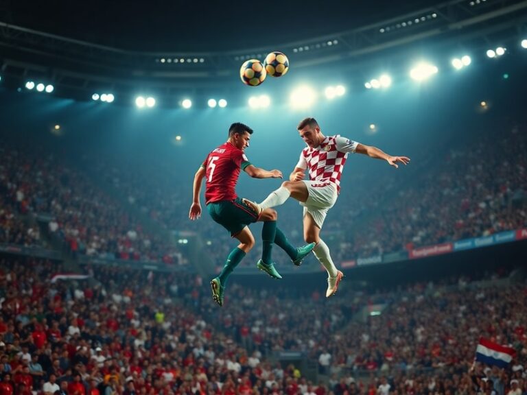 A vibrant stadium scene during a Portugal vs Croatia match, showing both sets of fans in their national colours, players in a