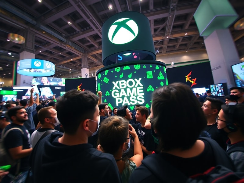 A split-screen image showing a diverse group of gamers playing on Xbox consoles and PCs, with a holographic Game Pass interfa