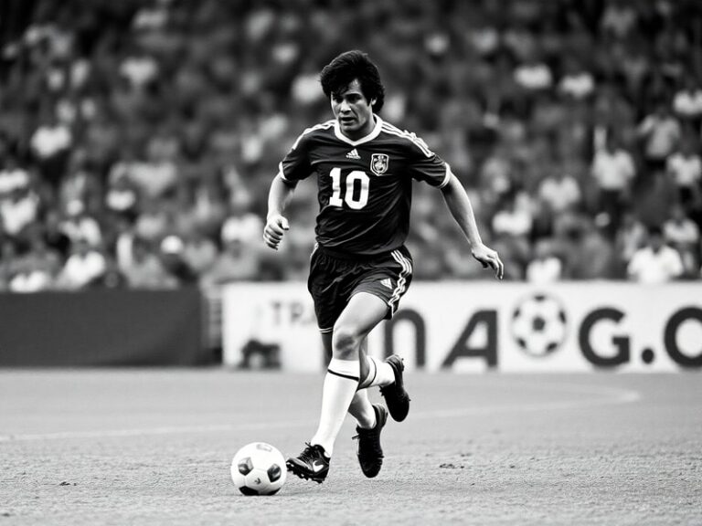 A dramatic black-and-white photograph of Maradona in a Napoli jersey, mid-dribble on a rain-soaked pitch in the 1980s, with f