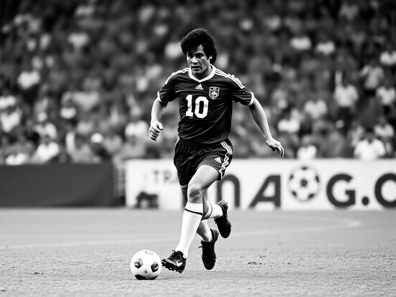 A dramatic black-and-white photograph of Maradona in a Napoli jersey, mid-dribble on a rain-soaked pitch in the 1980s, with f