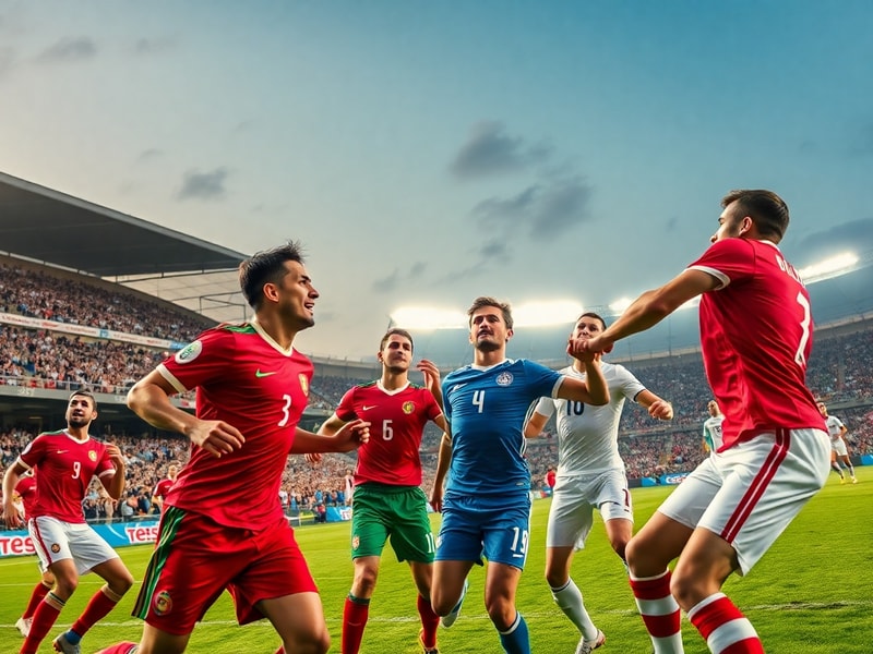 A split-screen image showing Algeria’s team celebrating a goal in a green jersey on one side and Austria’s team in a white an