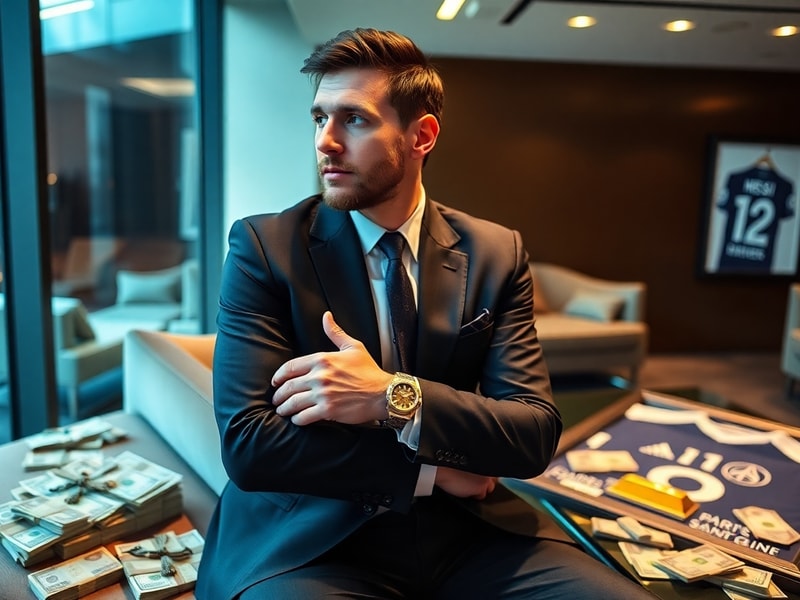 Lionel Messi in a sleek suit, holding a soccer ball, surrounded by logos of his major sponsors like Adidas, Apple, and Master