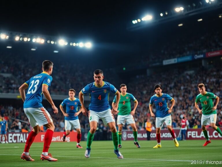 Imagen de un estadio con jugadores argelinos celebrando un gol en un partido contra Austria, con la bandera de Argelia ondean