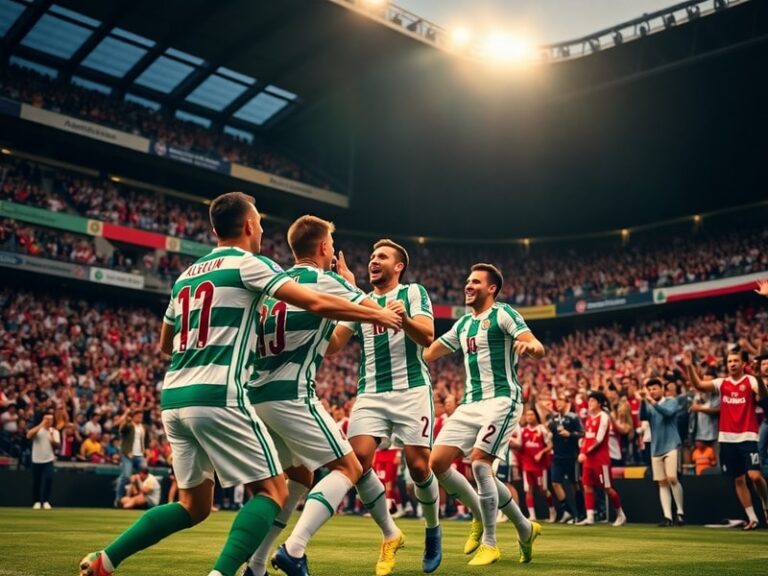 A vibrant stadium scene during a football match between Algeria and Austria, showing players in green and white kits with fan