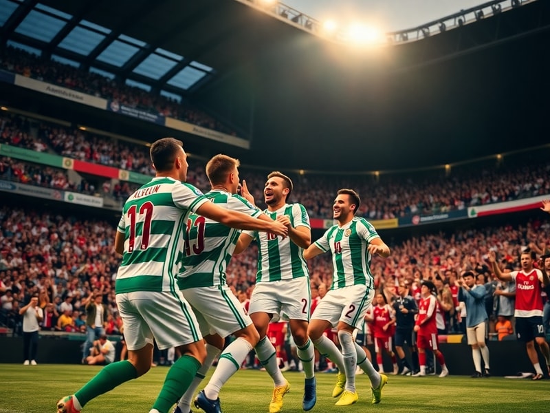 A vibrant stadium scene during a football match between Algeria and Austria, showing players in green and white kits with fan
