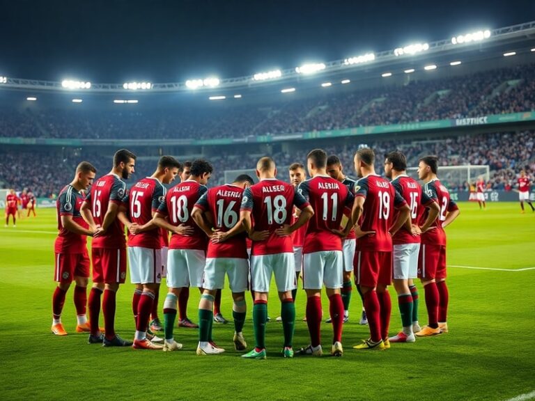 Fotografía de un estadio de fútbol con las banderas de Argelia y Austria ondeando en las gradas. En primer plano, jugadores d