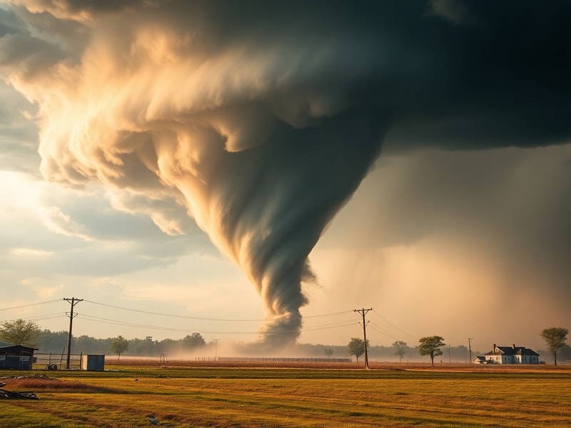 A dramatic nighttime scene of a tornado touching down in a rural area, with emergency lights flashing, radar imagery visible
