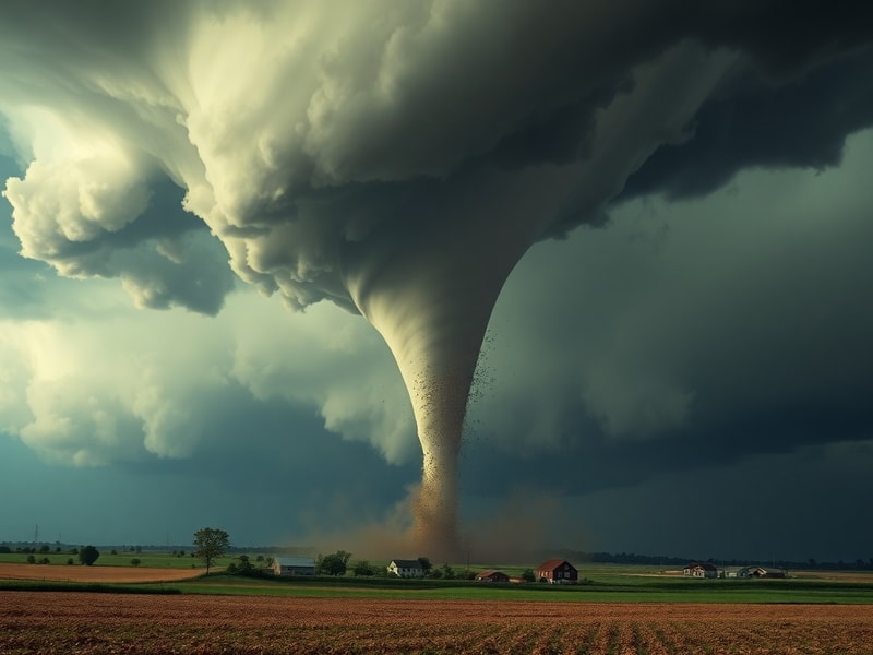 A dark, rotating funnel cloud touching down in a rural landscape, with a weather radar overlay showing a hook echo and a dist