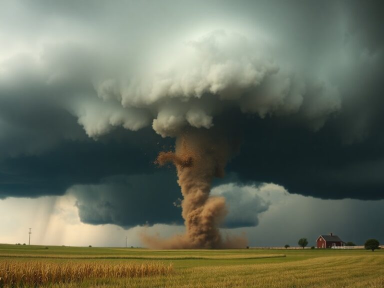 A dark, ominous sky with a visible funnel cloud descending toward a rural landscape. Debris is scattered in the foreground, a