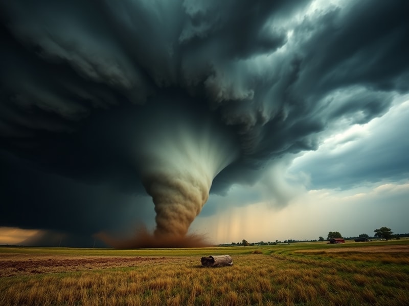A split-image scene showing a large, wedge-shaped tornado touching down in a rural field on the left, and emergency responder