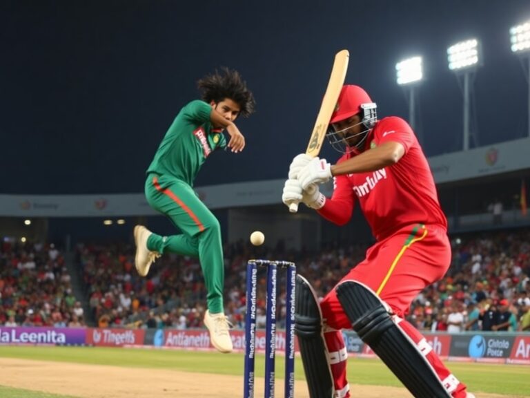 A tense moment from the Bangladesh vs Zimbabwe ODI series, featuring a bowler in mid-delivery with a batsman taking guard, se
