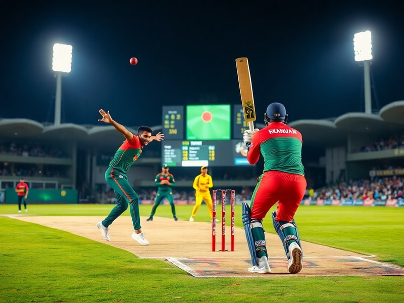 A vibrant cricket stadium filled with fans, featuring players from Bangladesh and Zimbabwe shaking hands at the toss, with th