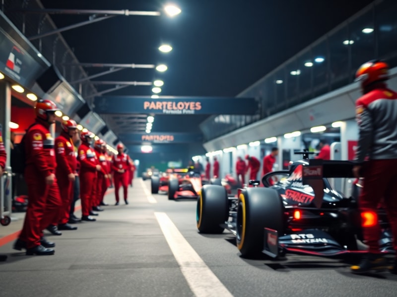 A nighttime shot of the Mercedes garage in Singapore, showing lights on inside the pit area past curfew time, with team membe