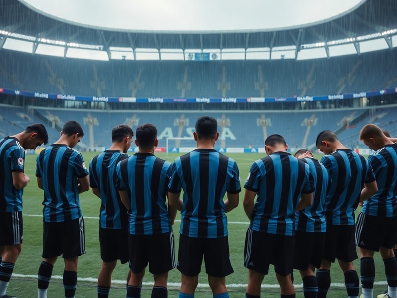 A somber Uruguayan team in their blue and white striped jerseys walking off the pitch after a 2024 World Cup group stage elim
