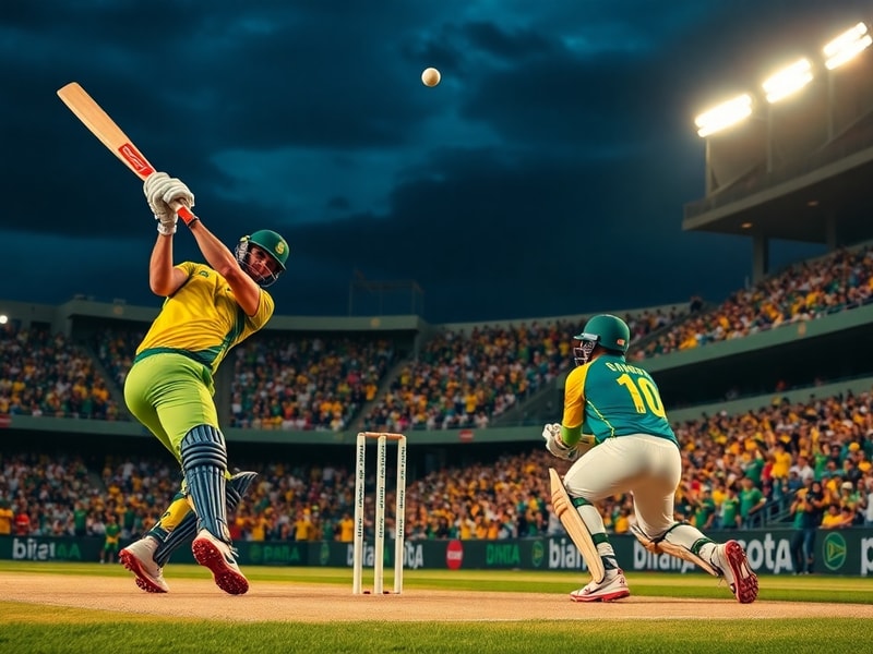 A vibrant cricket stadium at sunset, with Bangladesh players in green jerseys celebrating a wicket and South African players