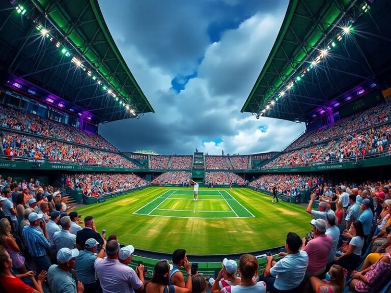 A vibrant aerial shot of Wimbledon’s Centre Court surrounded by lush green grass, with modern solar panels on rooftops and ho