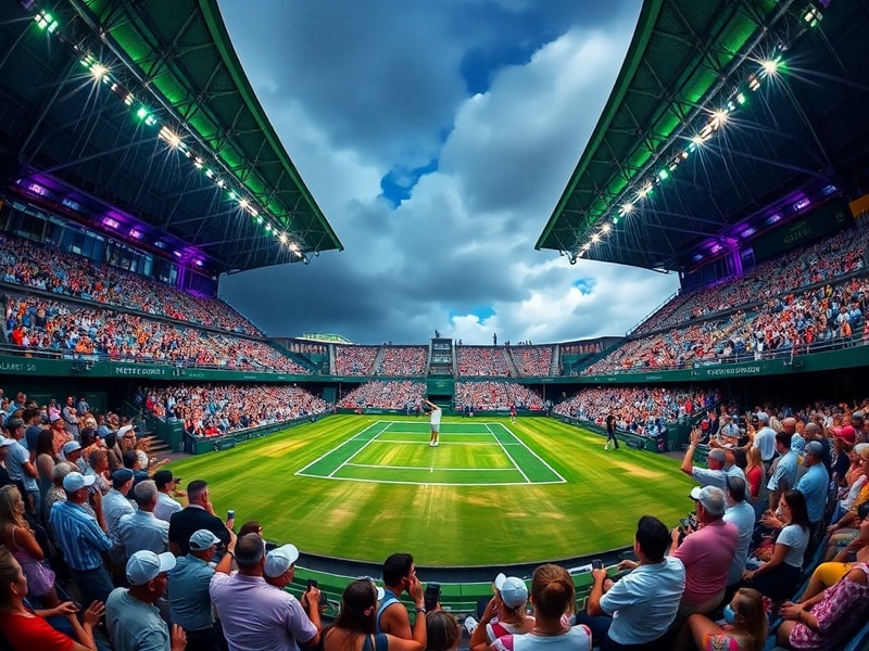 A vibrant aerial shot of Wimbledon’s Centre Court surrounded by lush green grass, with modern solar panels on rooftops and ho