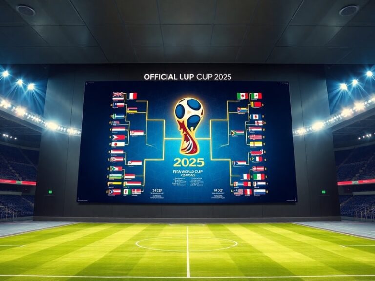 A vibrant stadium filled with fans waving flags from various nations, displaying the FIFA World Cup 2026 logo in the center,