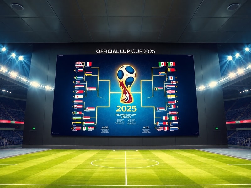 A vibrant stadium filled with fans waving flags from various nations, displaying the FIFA World Cup 2026 logo in the center,