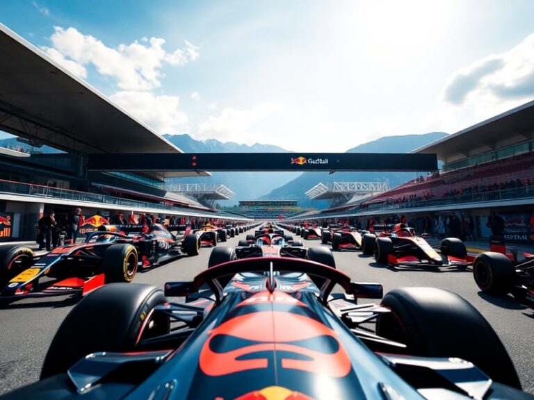A dynamic shot of the Red Bull Ring during the Austrian Grand Prix at 15:00 local time, with cars racing under bright summer
