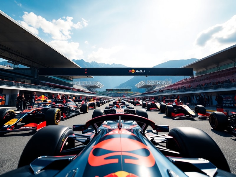 A dynamic shot of the Red Bull Ring during the Austrian Grand Prix at 15:00 local time, with cars racing under bright summer