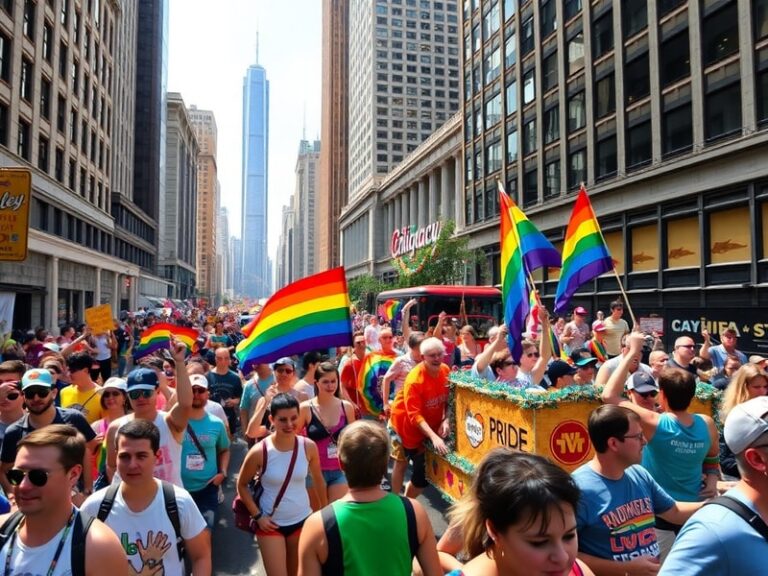 A vibrant aerial shot of the Chicago Pride Parade along Halsted Street in Boystown, featuring a diverse crowd, colorful float