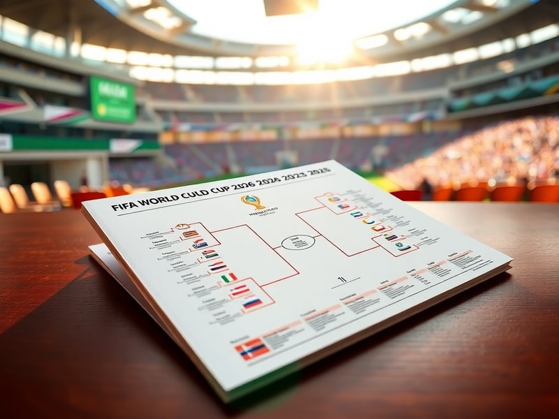 A vibrant digital illustration showing a stylized 2026 FIFA World Cup bracket with team flags, host city silhouettes (NYC, Me