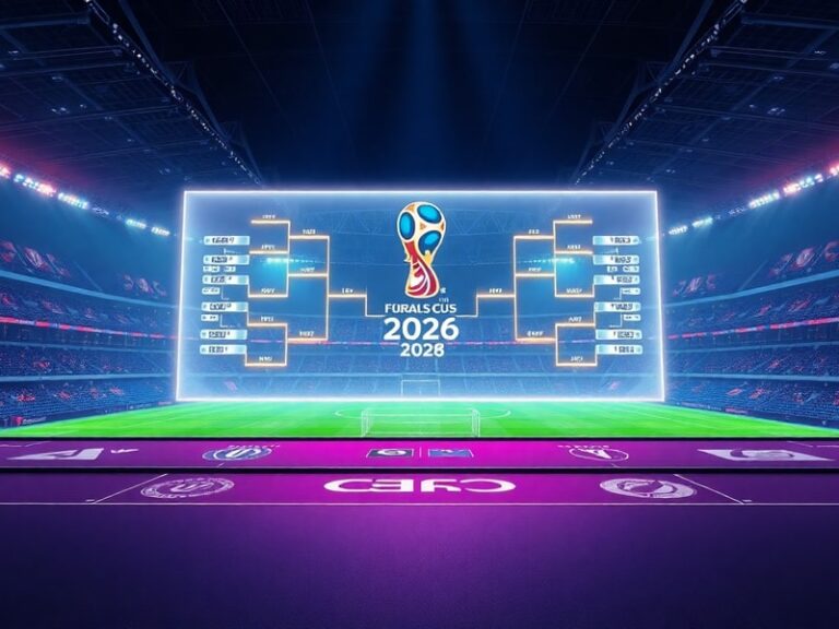 A dynamic digital bracket interface showing the FIFA World Cup 2026 format with highlighted matchups and team logos. The sett