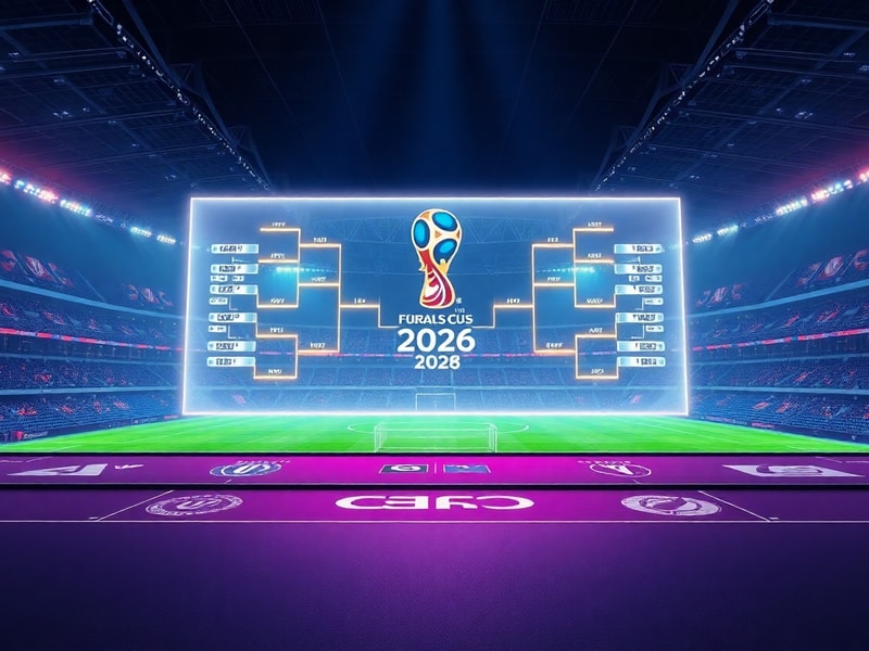 A dynamic digital bracket interface showing the FIFA World Cup 2026 format with highlighted matchups and team logos. The sett