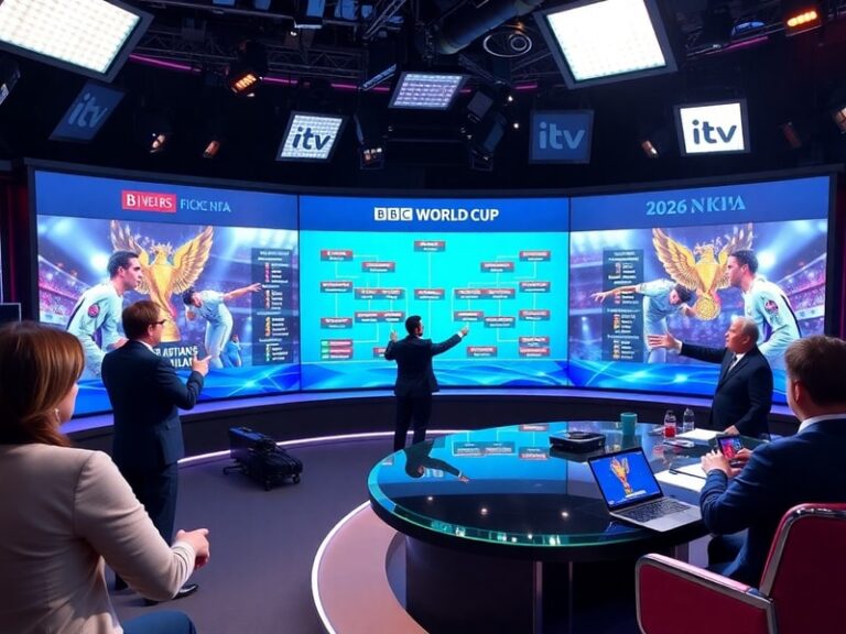 A split-screen image of a football stadium with BBC and ITV logos overlaid, showing a live match on one side and a crowd chee