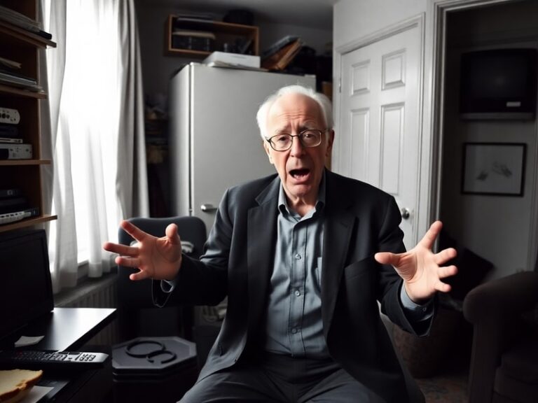 A stylized promotional image of Larry David mid-conversation, looking exasperated in a modern urban setting with a mix of neo