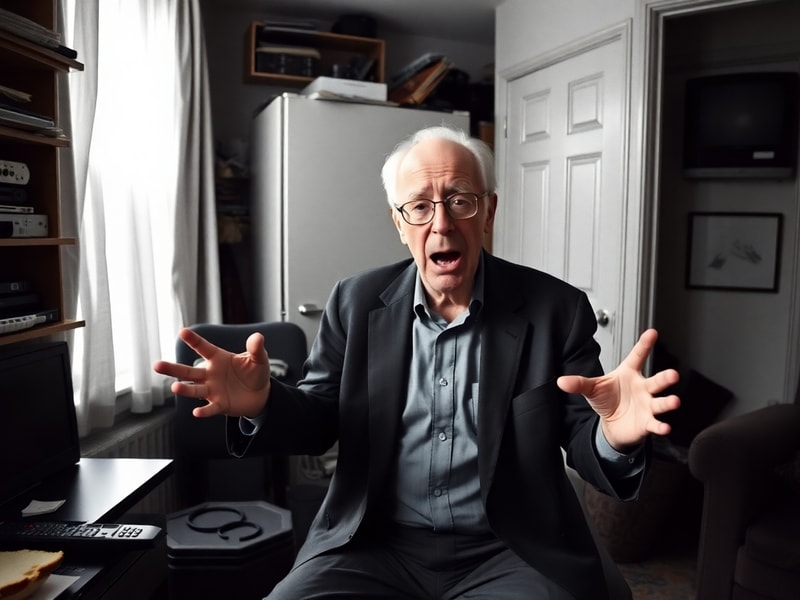 A stylized promotional image of Larry David mid-conversation, looking exasperated in a modern urban setting with a mix of neo