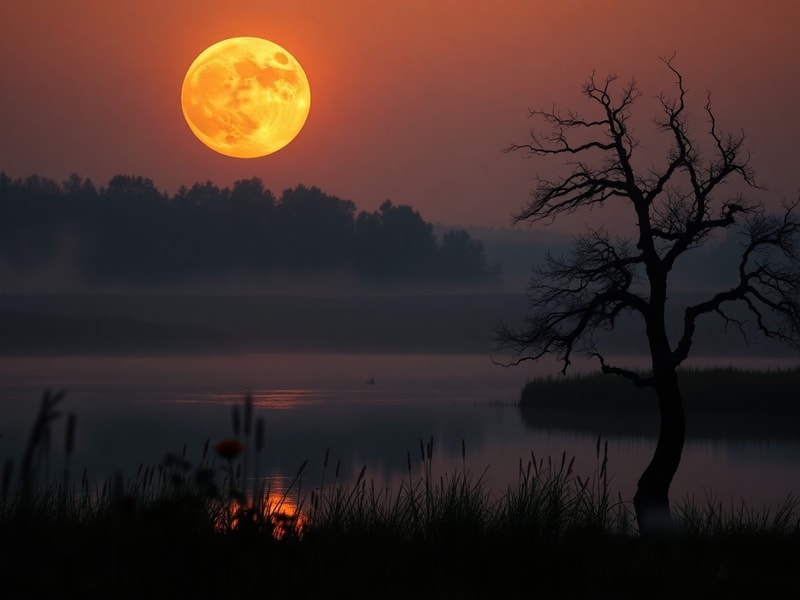 A low-angle night photograph of the Strawberry Moon glowing over a summer strawberry field with fireflies visible and distant
