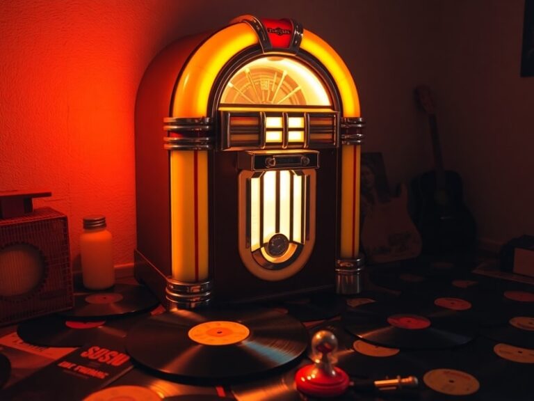 A vintage record player spinning a vinyl of Gershwin's 'Rhapsody in Blue' on a wooden table with soft golden light, surrounde