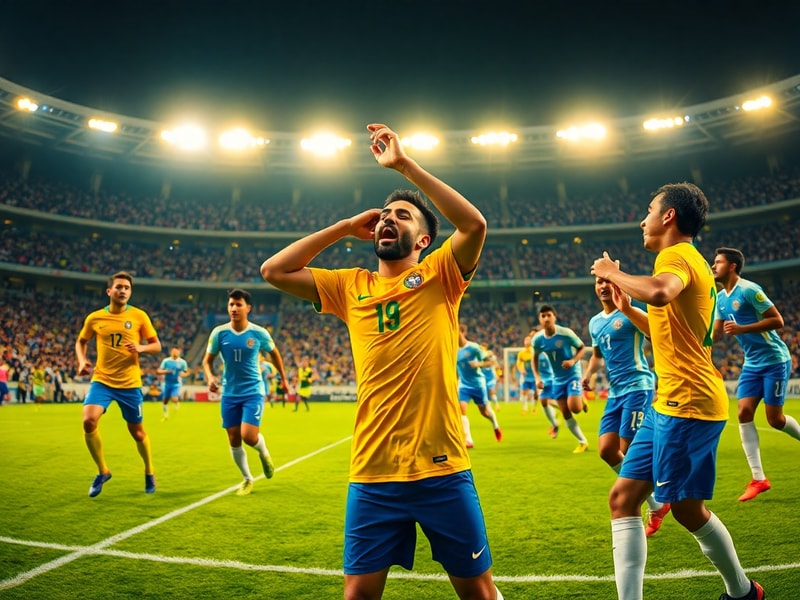 A split-screen image showing Brazil’s Neymar dribbling past Japan’s defenders in a World Cup match, with the iconic Maracanã