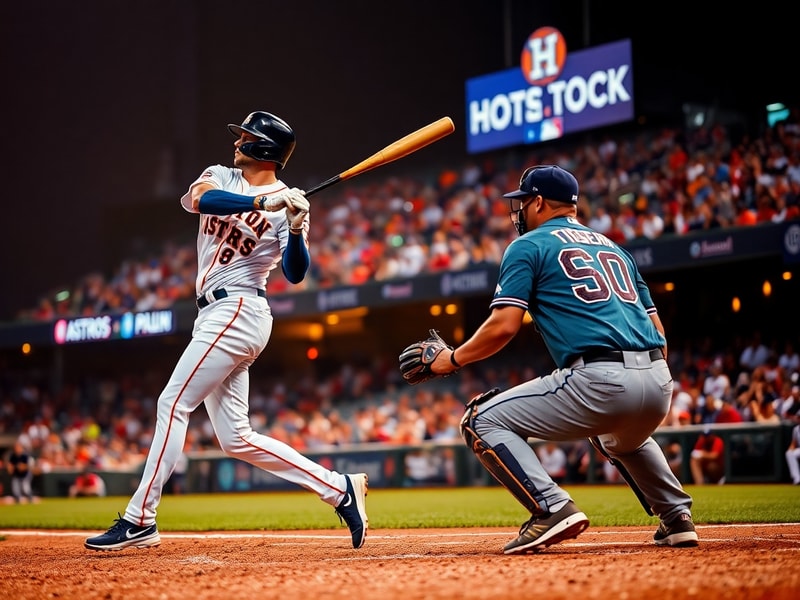 A night game at Minute Maid Park with Yordan Alvarez mid-swing after hitting a go-ahead home run, Tigers pitcher Jason Foley