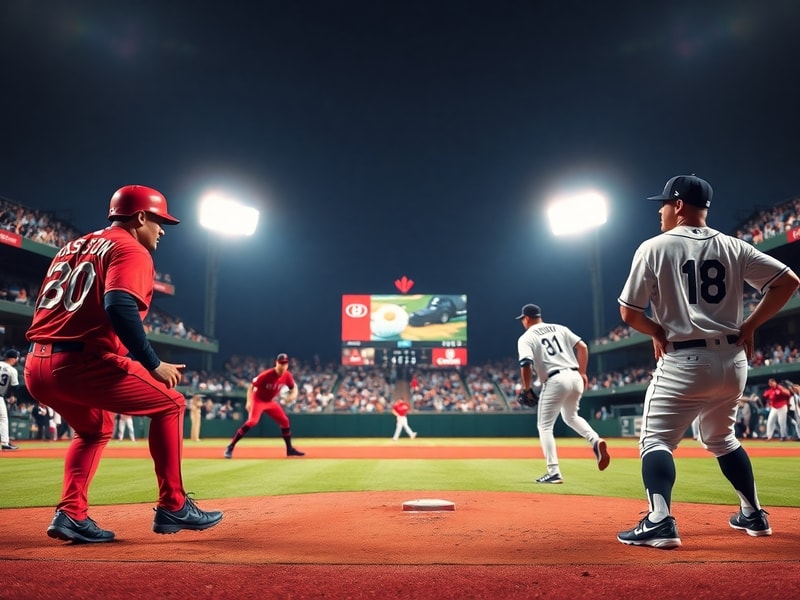 A split-screen image of Guaranteed Rate Field on the left, bathed in evening lights with the Chicago skyline behind, and Kauf