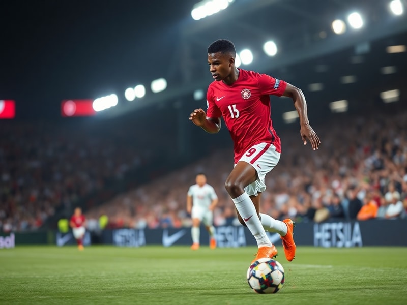 Alphonso Davies in action wearing Bayern Munich’s red and white kit, sprinting down the left flank during a Champions League