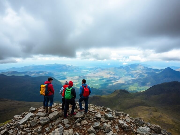 A team of hikers under stormy skies on the summit of Ben Nevis, with dramatic clouds swirling around the peak and the valleys