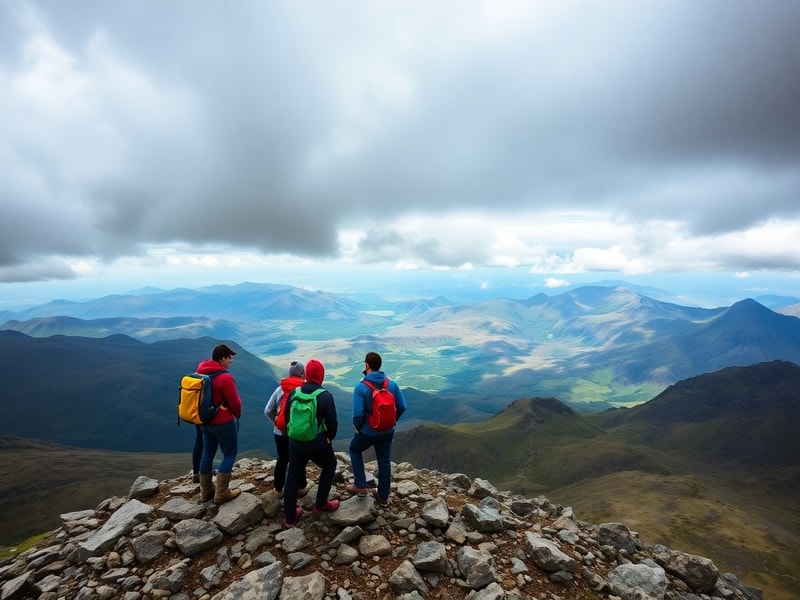 A team of hikers under stormy skies on the summit of Ben Nevis, with dramatic clouds swirling around the peak and the valleys