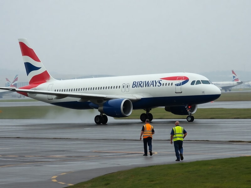 A British Airways Dreamliner aircraft on the taxiway at Birmingham Airport during golden-hour lighting, with passengers visib
