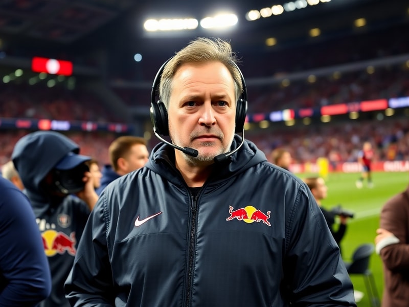 A dynamic action shot of Jesse Marsch on the sidelines during a match, wearing a dark jacket and intense expression, with blu