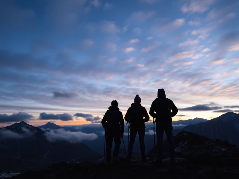 A muddy, exhausted hiker in full gear stands on the summit of Ben Nevis at dawn, wind whipping their jacket, with the sun ris