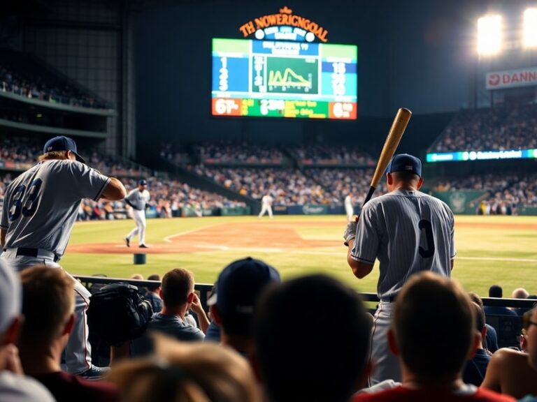 A vibrant night game at American Family Field in Milwaukee, showing the crowded stands with fans in navy and gold, the iconic