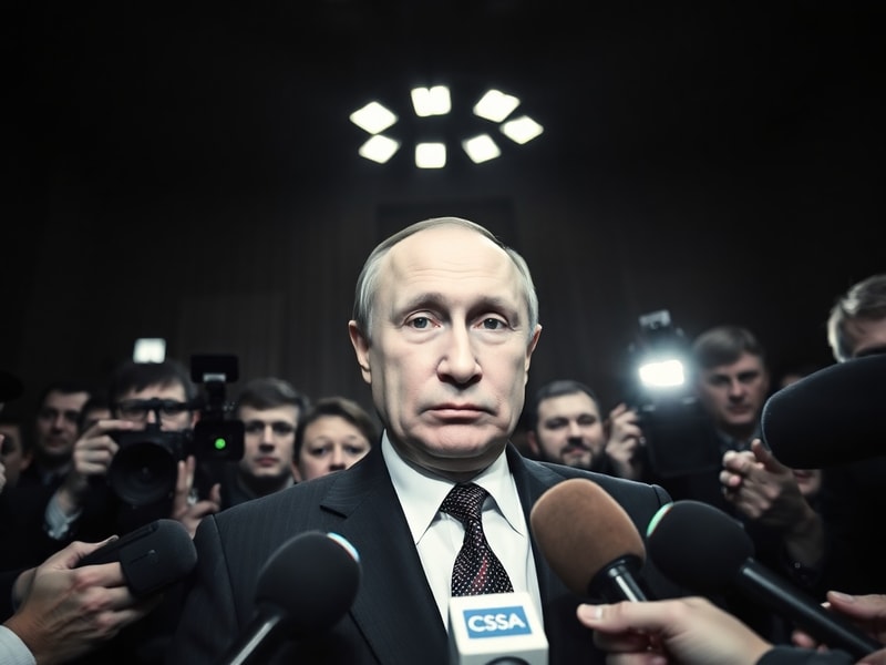 A split-image composition: on the left, Putin speaking at a podium with a stern expression; on the right, a destroyed Ukraini